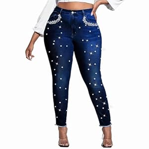 Ladyful Women’s Skinny Jeans Classic Mid Waist Stretchy Denim Pants with Pearls Rhinestones