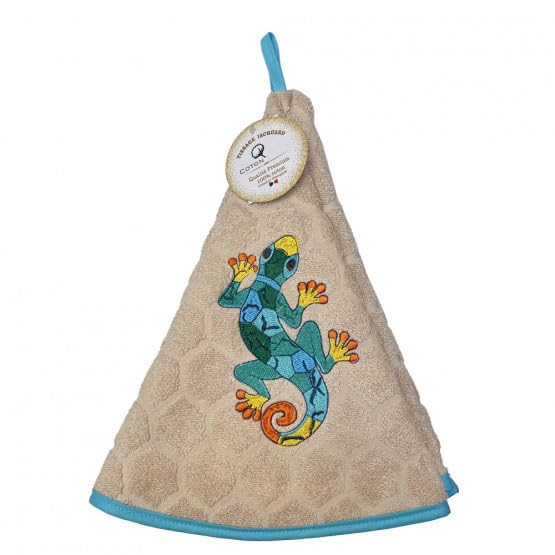 Générique Essuie Main Rond en éponge Tissage Jacquard Salamandre Multicolore sur Fond Beige Qualité Premium