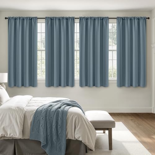 Image of MIULEE Grey Blue Blackout Curtains 63 Inch Length for Bedroom 4 Panels | Solid Light Blocking Drapes, Room Thermal Insulation, Privacy Window Treatment Curtains,Top and Bottom Rod Pocket