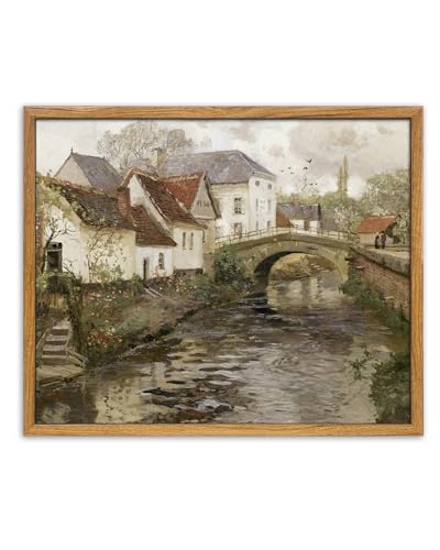 UPWOIGH Vintage Framed Wall Art,12x16in Country Oil Painting,Belgian Village Canal Print,European City,Rustic Decor,Antique Painting,Moody Autumn Farmhouse Artwork for Living Room Bedroom Office Gift