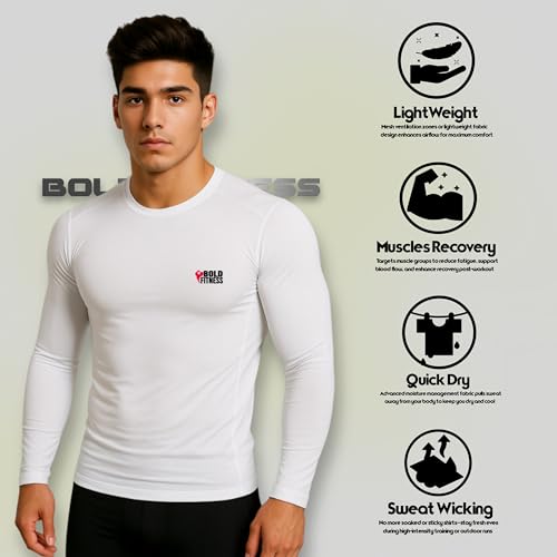 Image of BOLD FITNESS Men Full Sleeve Compression Regular Fit T-Shirt - Athletic Base Layer Tights for Fitness