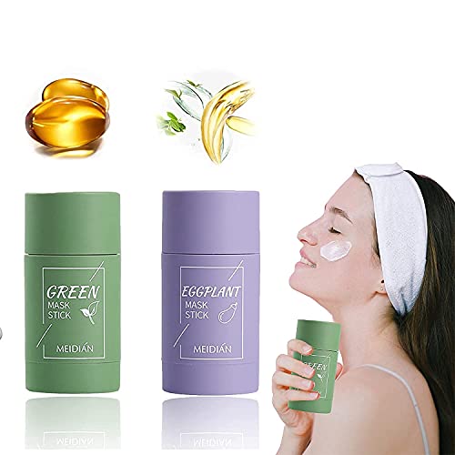 2 PCS Green Tea/Eggplant Purifying Clay Stick-M, Deep Clean Pore, Face Moisturizes Oil Control, for All Skin Types Men Women (Green Tea/Eggplant)