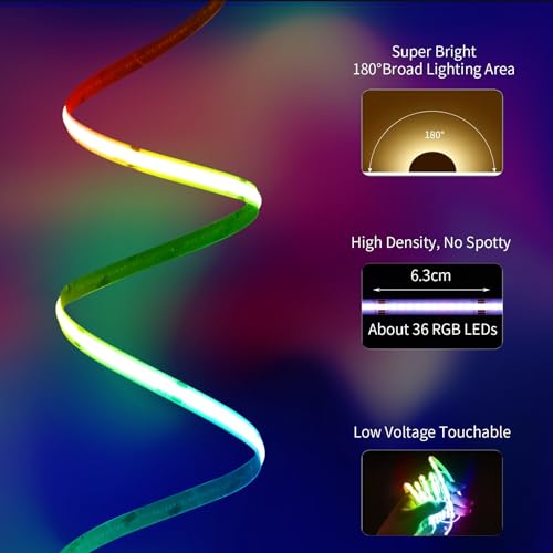 Image of 20FT LED Strip Lights COB Smart IC, 24V RGB LED Lights for Bedroom with RF Remote Smart App Button Controller Music Sync Color Changing Strip Lights for Game Room Kitchen Cabinet Lighting