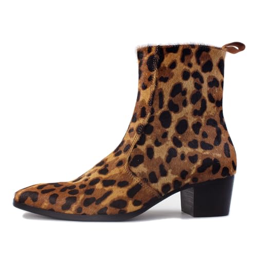 OSSTONE Men Chelsea Ankle Boots Leather Pony Hair Leopard Boot with Side Zipper Heel Boots OS-JY012-D-R2