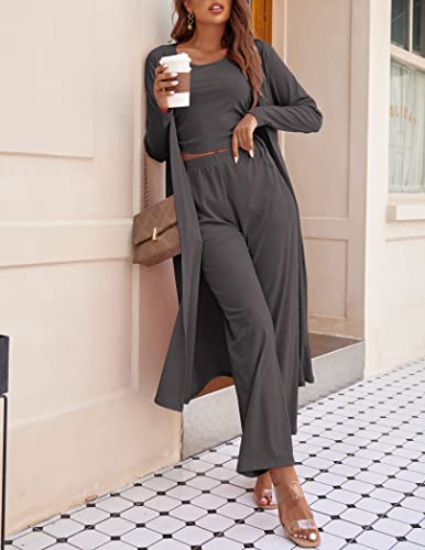 Image of Ekouaer Women's 3 Piece Lounge Set Pajama Long Sleeve Cardigan Sleeveless Top Pants Sweatsuit S-XXL