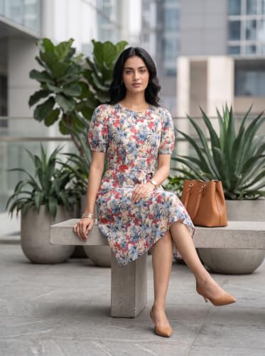 Image of HELLCAT Women Floral Fit & Flare Midi Dress | Round Neck, Puff Short Sleeve, Waist Tie-Up Belt | Casual Brunch Wear, Western One Piece, A-Line Long Frock, Summer Party Outfit