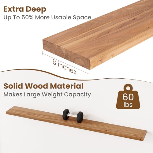 Image of Floating Shelves for Wall Decor, 8 inch Deep Rustic Solid Elm Wood Floating Shelves Wall Mounted, Wall Shelves with Invisible Bracket for Living Room Bathroom Bedroom Kitchen, 72 Inch Set of 1, Natural