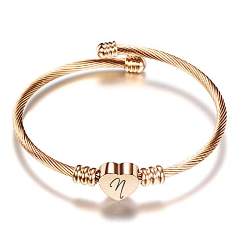 MYNENEY Silver/Gold/Rose Heart Initial Name Bracelet for Women A-Z Letter Cuff Bangle Birthday Gift for Her (Rose Gold, N)