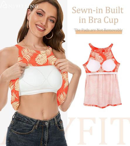 Image of Women Halter Tank Top with Built in Bra Flowy Sleevless Padded Camisole Loose Fit Summer Shirt Top S-3XL