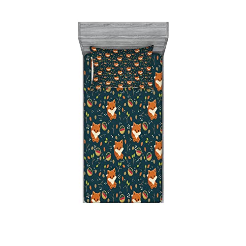 Ambesonne Pine Cone Fitted Sheet & Pillow Sham Set, Fox with Basket of Raspberry Leaf Herbs Forest Animal Cartoon, Decorative Printed 4 Piece Bedding Decor Set, Twinxl, Multicolor
