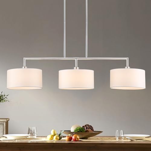 Image of 47 inch Linear Kitchen Island Lighting 3-Light Brushed Nickel Chandelier with White Fabric Drum Shade Adjustable Hanging Pendant Light for Dining Room Light Fixtures Over Table,Kitchen,Bar,Living Room,E26