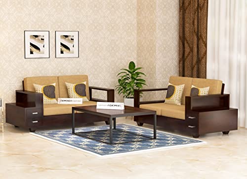 Image of Sheesham Wood 4 Seater Sofa Set with 2 Drawer Storage | 2+2 Wooden Sofa Set Furniture for Living Room Home Office (Walnut)
