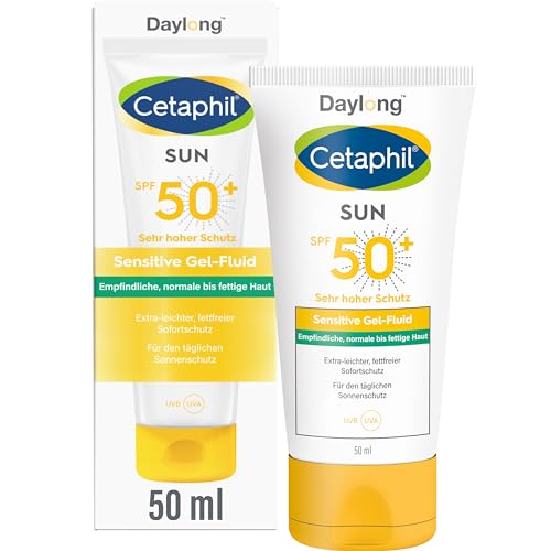 CETAPHIL SUN Sensitive Gel-Fluid SPF 50+, 50ml, Sonnenschutz für empfindliche bis fettige, zu Sonnenallergie neigende Haut, Hochwirksame Sonnencreme für das Gesicht, Frei von Parfüm und Emulgatoren