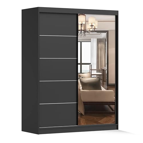 Fabryka Mebli Idźczak Armoire avec miroir, portes coulissantes, armoire à portes coulissantes, noire, armoire de chambre à coucher, 61 x 150 x 200 cm,...