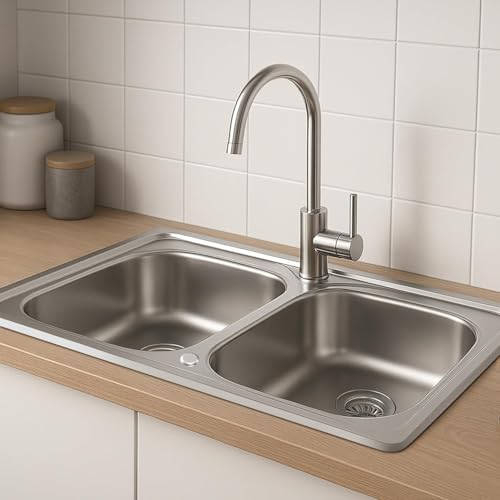 Melanstar Fregadero doble de acero inoxidable, 80 x 50 cm, con 2 cuencas, orificio para grifo y juego de sifón, fregadero cocina 2 senos fregadero dos senos kitchen sink