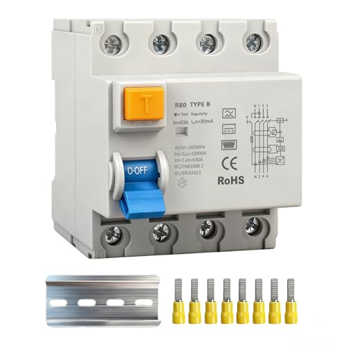 Treibo FI Schutzschalter 63A 30mA 4 Polig, Fi Typ B, RCD Schutzschalter, Fehlerstromschutzschalter, DIN Hutschiene Fi Schalter 3P+N