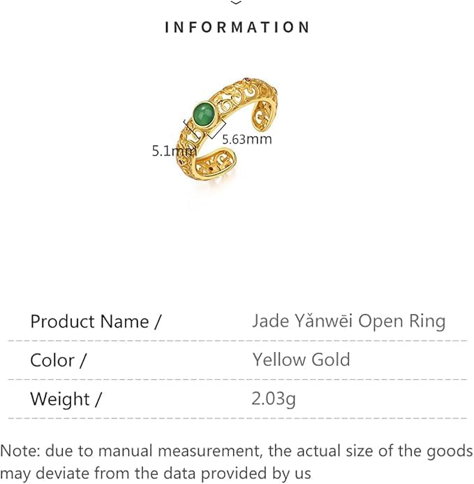 14K Gold Over S925 Sterling Silver Hetian Jade Yǎnwēi Open Rings, Chinese New Year Blessings, Ethnic Style Hand Ornament - Image 2