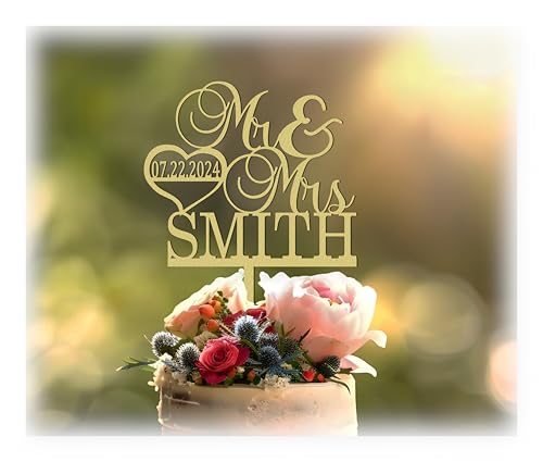 Mr and Mrs Cake Topper, Last name and date Wooden Bride & Groom