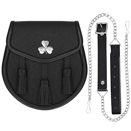 Image of Scottish Original Leather Sporran with Leather Belt & Chain (Black Leather Shamrock Flower Sporran)