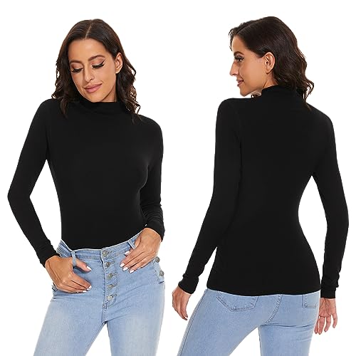 SIMIYA Basic Damen Thermo Rollkragenshirt Rollkragenpullover Slim Fit Thermounterwäsche Oberteil mit Plüschfutter Kuscheliger Langarmshirt Top Mock-Ausschnitt(Schwarz,M)