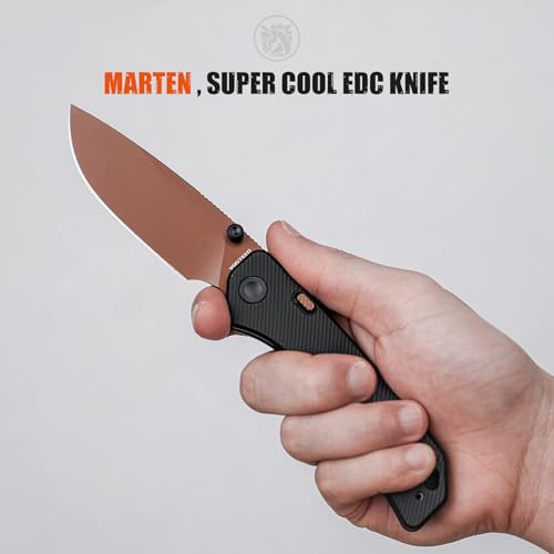 Image of Vosteed Marten EDC Folding Pocket Knife - 3.30 inch 154CM Copper Dune Blade - Top Liner Lock, Black Aluminum Handle - Camping, Hunting Knives - A1613