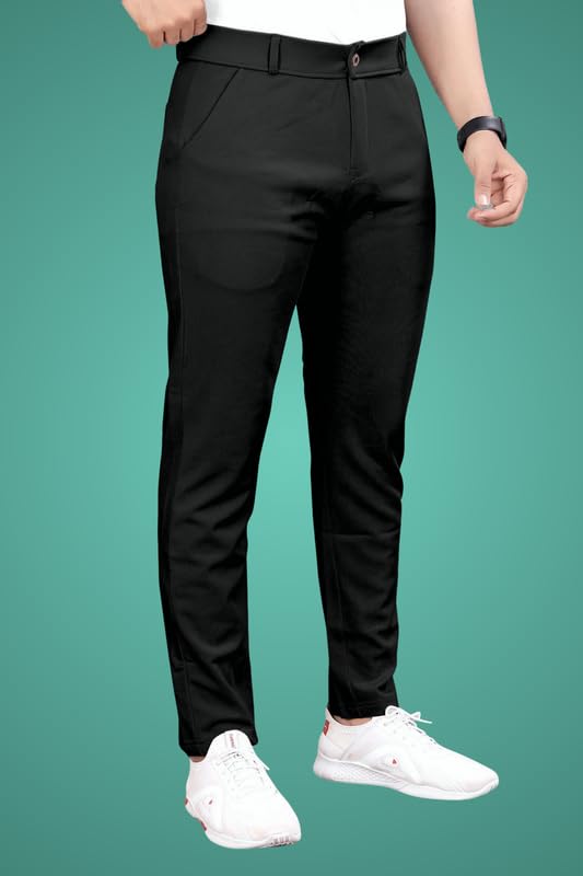 Image of Slim Fit Lycra Blend Pants for Men | Stretchable, Breathable Formal Trousers with Dual Side Pockets & Button Closure | Comfortable for Office, Travel & Casual Wear