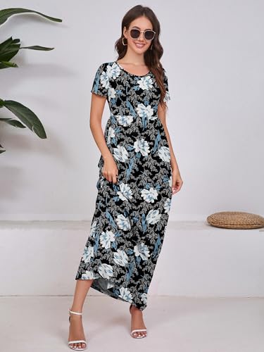 Image of DEARCASE Maxi Dress for Women Short Sleeve Casual Summer Loose Plain Comfy Long Dresses with Pockets
