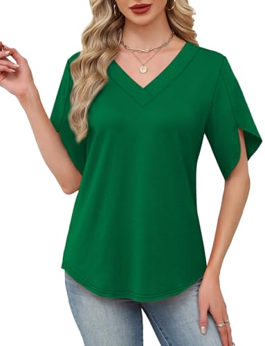 Image of WIHOLL Womens Summer Tops Short Petal Sleeve Shirts Fashion V Neck Womens Clothing