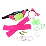 POPETPOP Accesorios Disfraz Neón Años 80 para Mujer, Conjunto 5 Piezas Riñonera Rosa Fucsia, Diadema Anudada, Pendientes y Pulsera Luminosos para Fiestas Temáticas y Festivales de Música