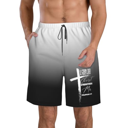 Mens Swim Trunks Religious Bible Verse Cross Christian Philippians 4 13 Board Shorts,Hawaii Beach Shorts,