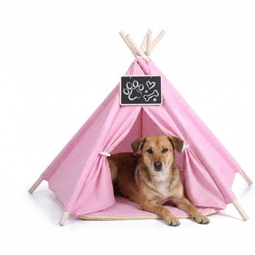 Vincreem Dog & Cat Teepee Tents Indoor Pet Teepee Bed with Thick Cushion Portable Dog Houses Pink Cat Tents for Puppy & Pet(M: 20 x 20 x 24.8 Inch)