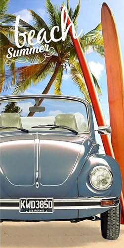 Volkswagen Badetuch VW Käfer Blau 75 x 150 cm 100% Baumwolle in Veloursqualität Strandlaken Strandtuch Handtuch Badelaken Duschtuch Saunatuch Typ 1 Bus Beach Retro T1 Oldtimer Bulli GTI Motiv 005
