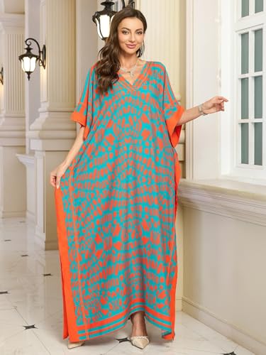 Image of KECVOT Kaftan Dresses for Women V-Neck Print Swimsuit Cover Up Plus Size Beach Caftan Lounge Dress