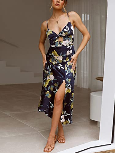 Image of Fashionme Women Spaghetti Strap Midi Satin Dresses Tie Front Backless Slit Cutout Dress Semi-Formal /Casual Flowy Lightweight