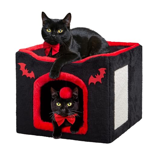 Purrzone Gothic Cat House Bed for Indoor Cats Coffin Cat Condo with Scratch Pad and Fluffy Ball Toy Foldable Hideaway Cube Pet Bed for Kittens and Large Cats 16.5x16.5x13in Red Black Halloween