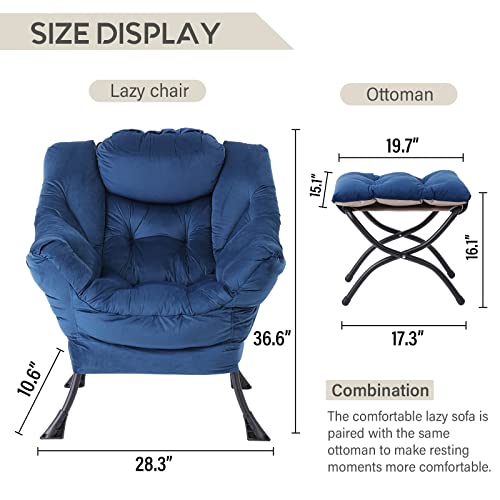 Image of LITA Lazy Chair with Ottoman, Modern Accent Leisure Upholstered Sofa Chair, Contemporary Lounge Reading Chairs with Armrests and a Side Pocket for Living Room, Bedroom & Small Space, Royal Blue
