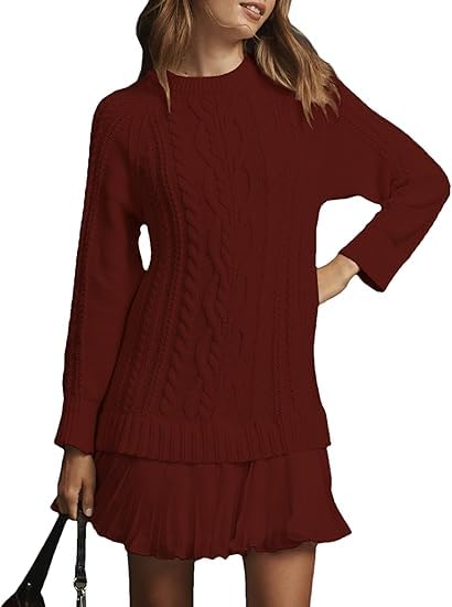 Women Crewneck Cable Knit Sweater Mini Dress，Cable Long Sleeve Pleated Mini Dress Twofer Style Patchwork Dress
