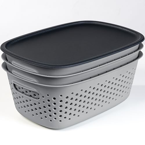 KONZEPT 3 cajas de almacenamiento con tapa pequeñas de 3,5 l, cesta de almacenamiento de plástico, color gris