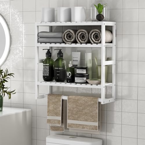 Over The Toilet Storage Floating Shelves, XICEN Bathroom Storage Shelves Organizer Adjustable 3 Tiers, Wall Mounted Storage Shelves for Bathroom, Large Bamboo Shower Shelf with Towel Bar, White1 Pack