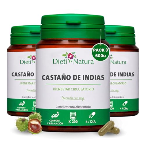 Dieti Natura Pack de 3 de 200 Cápsulas de Castaño de Indias - Alivio Natural para Piernas Cansadas y Pesadas - Mejora la Circulación y la Salud Venosa - Complemento Hinchazón y Retención de Líquidos