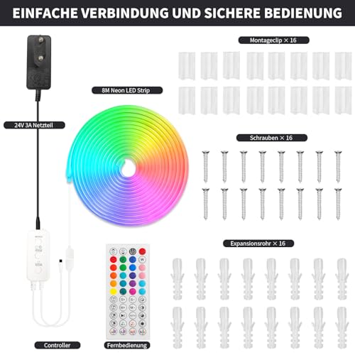 BUNACET Neon LED Streifen 8m, RGB+IC Neon Halloween-Röhre, 768 LEDs mit Fernbedienung & Netzteil, IP65 wasserdicht, Musik-Sync, 24V flexible Silikon-Beleuchtung für Innen/Außendekoration DIY