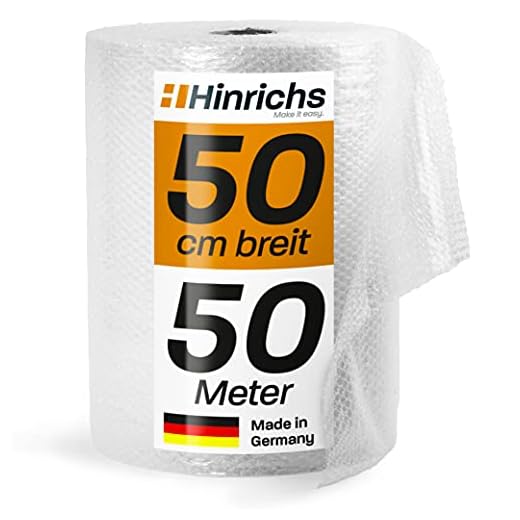 Hinrichs Bubbelplast 50 cm x 50 m – förpackningsmaterial för känsliga föremål – fraktfolie – stoppad film för flytt – bubbelwrap rulle – inkl. fräs