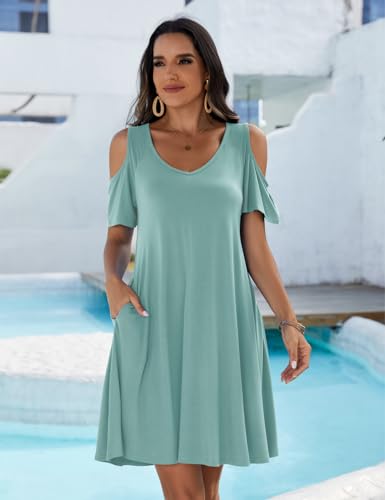 Image of JollieLovin Womens Plus Size Short Sleeve Cold Shoulder V Neck T-Shirt Dress with Pockets
