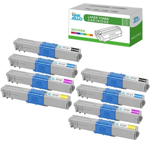 InkJello Toner Cartridge For Printer, Compatibile with OKI C301 C301dn C321 C321dn MC332 MC332dn MC342 MC342dn MC342dnw MC342dw MC342w OC301 OC321BK/C/M/Y (Black/Cyan/Magenta/Yellow, 8-Pack)
