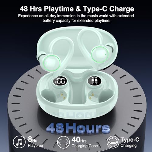 Image of PEFUPEW Wireless Earbuds, Bluetooth 5.4 Headphones Sport, Over Ear Buds with ENC Noise Cancelling Mic, 48H, Wireless Earphone with Earhooks, IP7 Waterproof Buds for Workout Running, Light Blue