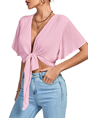 Image of LYANER Women's Sexy Deep V Neck Tie Front Wrap Cropped Blouse Bell Short Sleeve Ruffle Crop Tops