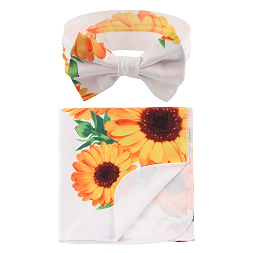 Image of Newborn Receiving Blanket with Headband Soft Swaddle for Infant Girl Baby Blankets for Boys (White Sunflower)