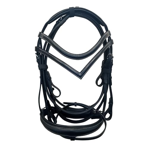 Grewal Equestrian Quail Hollow Round Raised Leather Snaffle Bridle, English Horse Tack, Two Browbands Included (Black, Cob)