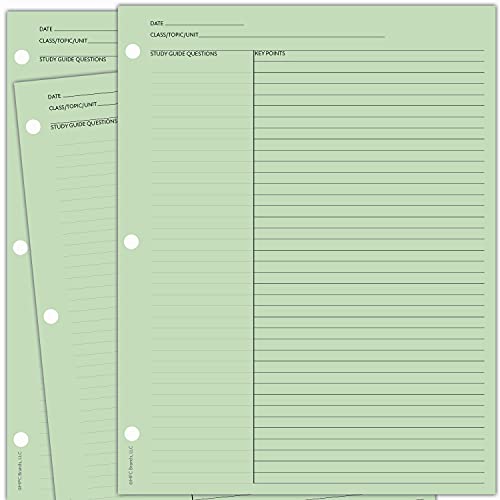 MPC Brands 50 Pack Cornell Style Study Note Taking System Sheets, White, 3 Hole Punch, Double Sided (Green, 50)