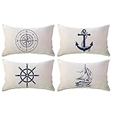 ULOVE LOVE YOURSELF Coastal Sailing Throw Pillow Covers Blue Compass/Anchor/Sailboat/Navigation Pattern Ocean Theme Cushion Covers Nautical Beach Decorative Lumbar Pillowcases 12×20 Inch,4Pack